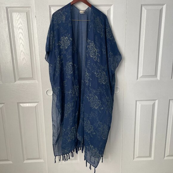 Natural Life Boho Navy Blue Floral Open Kimono Duster One Size - Picture 1 of 6